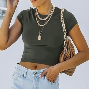 REORIA Butsmooth Short Sleeve High Neck Double Lined‎ Crop Top Small Gray Green